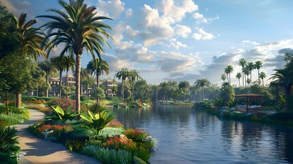 Wall Mural - A picturesque oasis with tall palm trees spreading image