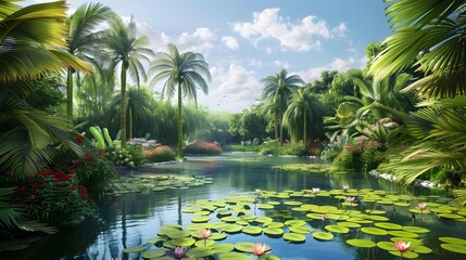 Canvas Print - An idyllic oasis with dense palm groves picture