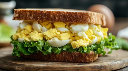 Wall Mural - Sandwich with egg salad and lettuce close-up on the table. horizontal --