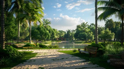 Canvas Print - Oasis lagoon with tall palm trees and green