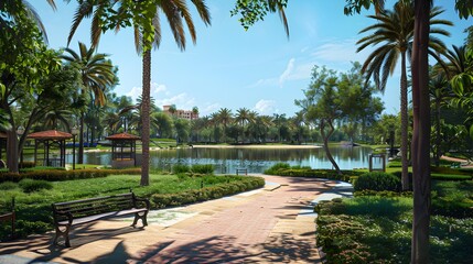 Canvas Print - Oasis lagoon with tall palm trees and green