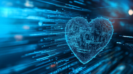 Wall Mural - A blue digital heart with data flowing around it on a blue bokeh background, representing AI in healthcare and diagnostics