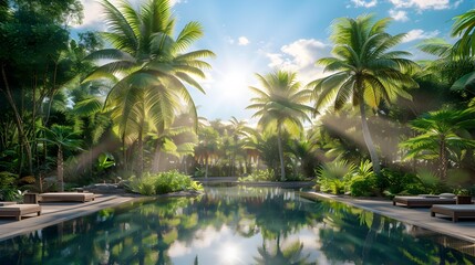 Poster - A tropical oasis surrounded by tall palm trees image