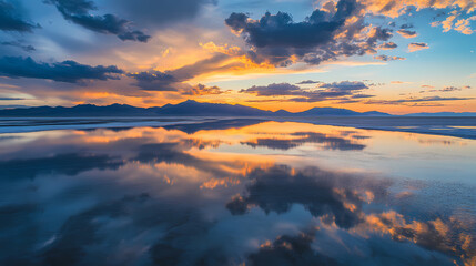 Canvas Print - Symmetry view of Bonneville Salt Flats against cloudy sky at sunset 