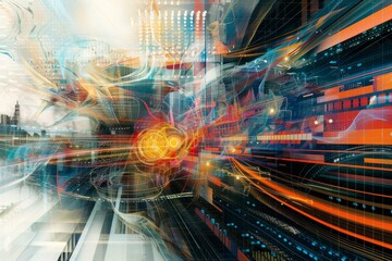 Poster - An abstract digital painting featuring a vibrant array of colors blending harmoniously in a dynamic composition, Digital artwork depicting the complexity of modern communication systems , AI generated