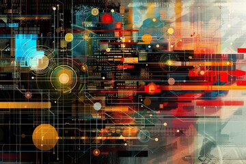 Poster - An abstract digital painting featuring a vibrant array of colors blending harmoniously in a dynamic composition, Digital artwork depicting the complexity of modern communication systems , AI generated
