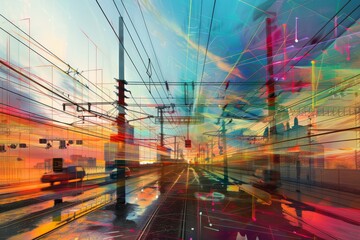 Poster - An abstract digital painting featuring a vibrant array of colors blending harmoniously in a dynamic composition, Digital artwork depicting the complexity of modern communication systems , AI generated