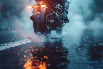 Wall Mural - Close-up of a motorbike's exhaust, with hyper-realistic smoke billowing out as the rider 