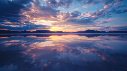 Canvas Print - Symmetry view of Bonneville Salt Flats against cloudy sky at sunset 