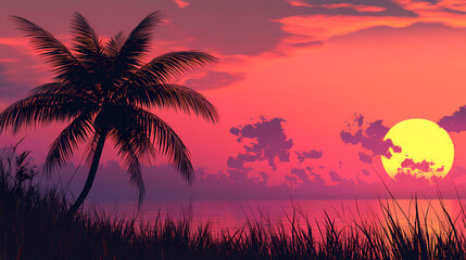 Wall Mural - Tropical sunset with palm tree silhouette panorama 