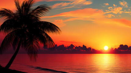 Canvas Print - Tropical sunset with palm tree silhouette panorama 