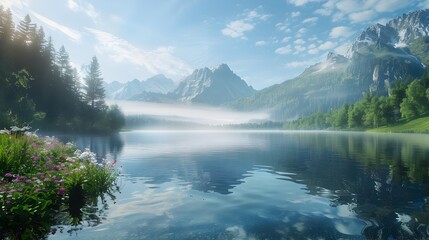 Wall Mural - Crystal clear lake surrounded by high mountains