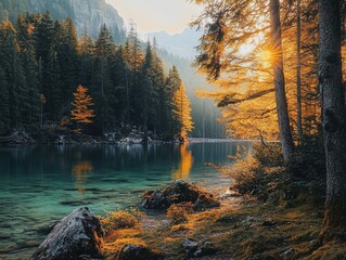 Wall Mural - Sunlight filtering through tree branches above water