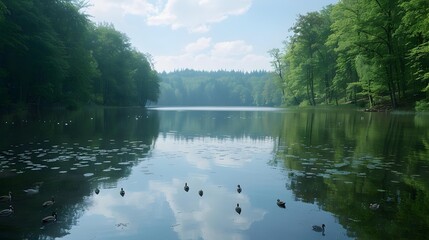 Canvas Print - Lake calm is surrounded by dense forest