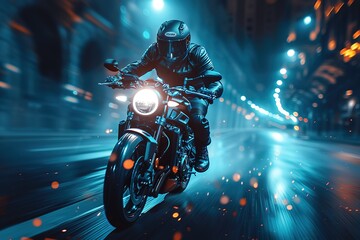 Poster - Hyper-realistic scene of a motorbike rider speeding over a bridge, the city skyline blurred in the distance  