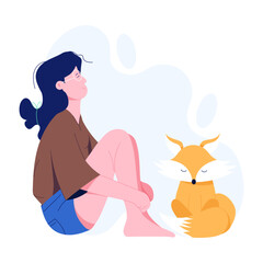 Canvas Print - Girl sitting with pet and thinking, flat illustration  