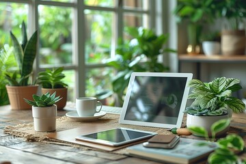 Poster - Modern office desk with a digital tablet and stylus pen , free space for text 