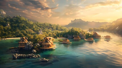 Poster - Floating islands with traditional huts built from natural