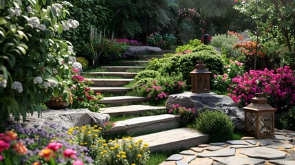 Canvas Print - Front gardens multi-level with flowering plants and decorative