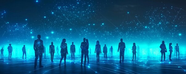 Poster - Illustration of a wireframe community gathering in a digital space with glowing network connections