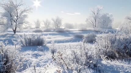 Poster - Snowy pasture with rare trees and shrubs covered