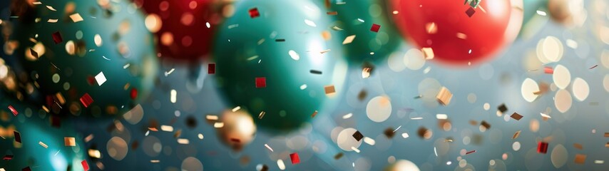 Canvas Print - A vibrant New Year banner adorned with helium balloons and confetti, ideal for holiday celebrations, highlighting a festive background with sparkling stars and snowflakes.