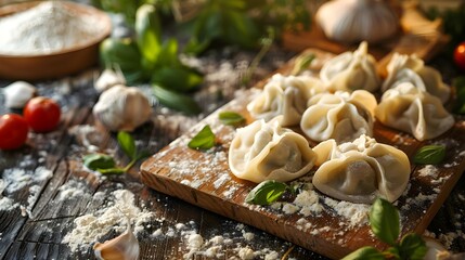 Wall Mural - Handmade dumplings on a wooden board