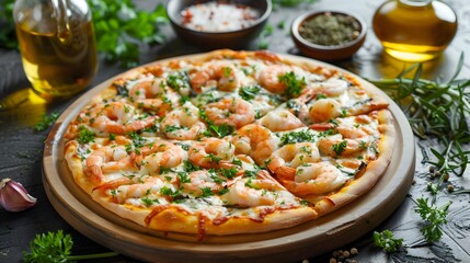 Wall Mural - Seafood pizza on a wooden board