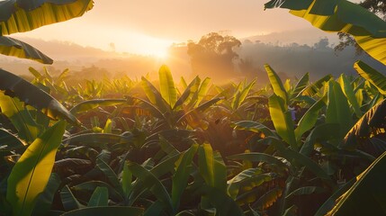 Poster - Plantations banana trees at dawn their leaves glistening