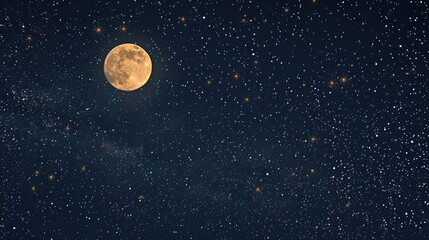 The full moon shines among the stars in the sky.