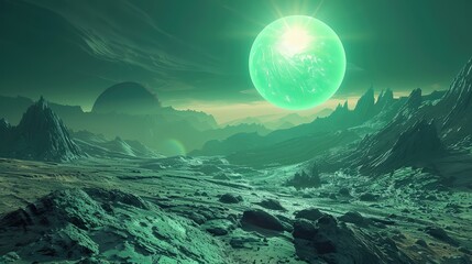 Wall Mural - a desolate yet beautiful scene on an alien planet, where the sun is a bright, green-hued orb. its li
