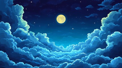 Wall Mural - a full moon shines through puffy clouds in a deep blue night sky.
