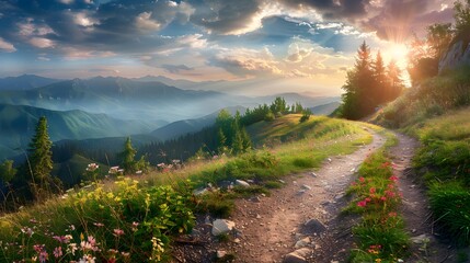 Canvas Print - Climbing up the mountain ridge his path meanders picture