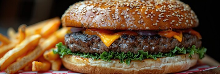 Wall Mural - Juicy cheeseburger with crispy fries on a wooden table during a sunny afternoon