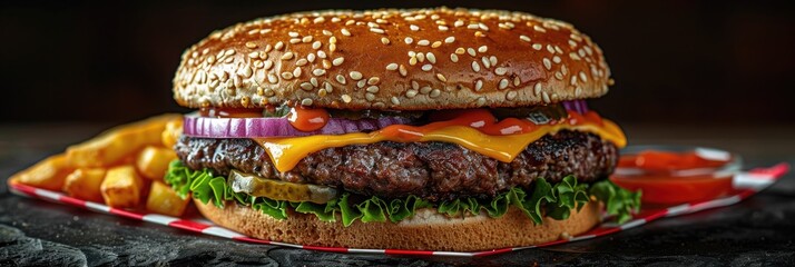 Wall Mural - Tasty cheeseburger with crispy fries and fresh veggies on a rustic wooden table