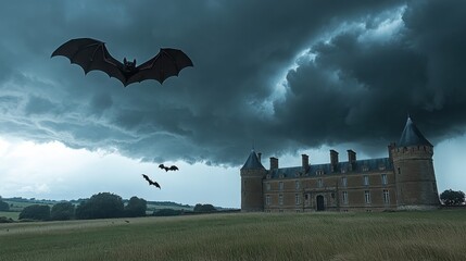 Bats Flying Over an Ancient Castle Under a Dramatic Stormy Sky Capturing the Mysterious Atmosphere of a Gothic Landscape Setting