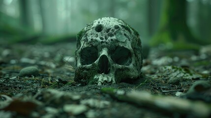 A moss-covered skull with empty eye sockets lies in a shady forest, creating a dramatic, eerie scene of ancient death and decay.