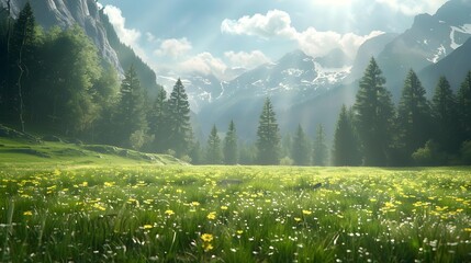 Wall Mural - A field with bright flowers and green grass img