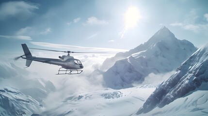 Poster - Winter flight over snow-capped mountains when the snow-white