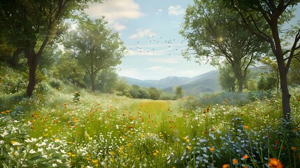 Canvas Print - Blooming glade with bright wildflowers and green img