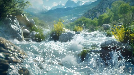 Wall Mural - Water rapids with turbulent streams crashing against large