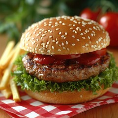 Wall Mural - Juicy grilled hamburger topped with fresh tomatoes and lettuce alongside crispy fries