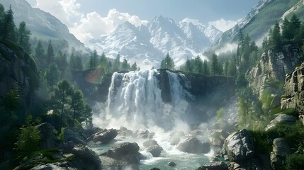 Wall Mural - The waterfall stream descends from the heights