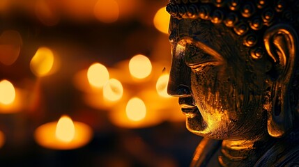 Illuminated Golden Buddha Statue Enhancing Nighttime Ritual Scene