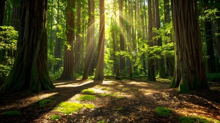 Poster - A forest paradise where redwood trees create dense