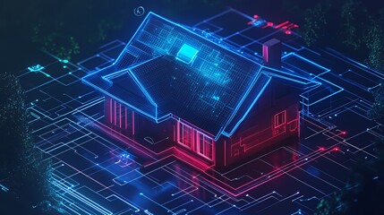 Wall Mural - A glowing, futuristic house on a circuit board represents the concept of smart home technology.