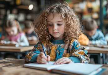 Wall Mural - 8 year old girl with wavy hair studying in a classroom