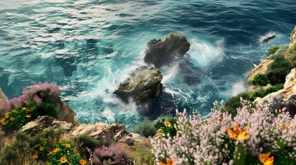 Canvas Print - Rock steep surrounded by green plants and flowers