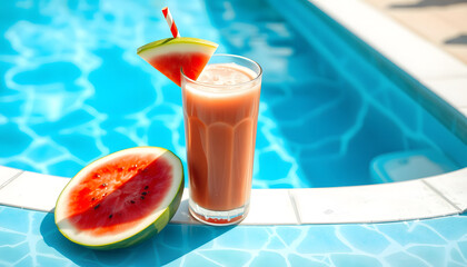 Glass of fresh watermelon smoothie juice drink on border of a swimming pool isolated with white highlights, png