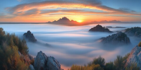 Wall Mural - Breathtaking Mountain Sunrise Over Foggy Valley - Stunning Horizon Landscape with Mist and Sunlight - Nature's Beauty Captured